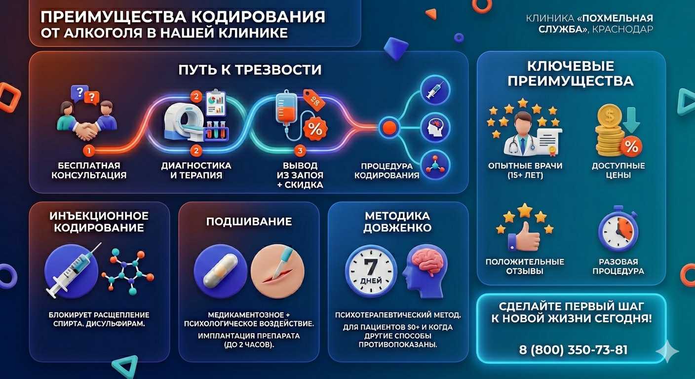 Инфографика о методах кодирования от алкоголя в Исянгулово: инъекции, подшивание, метод Довженко. Преимущества клиники и этапы лечения.